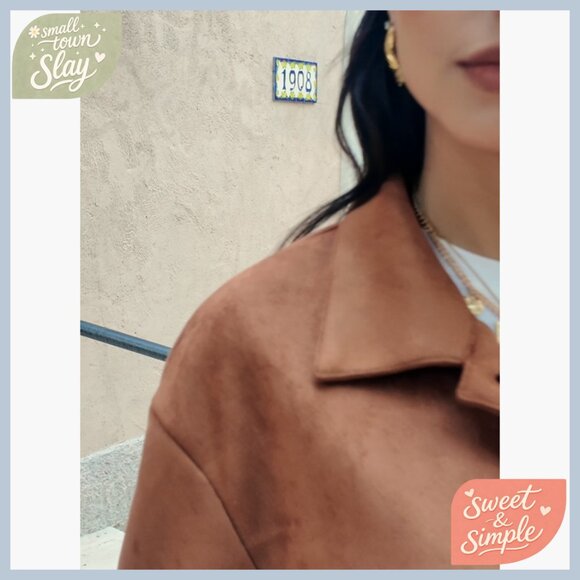 Cropped Faux Suede Jacket Lapel Collar Button Down Casual Winter Shacket - Picture 6 of 6